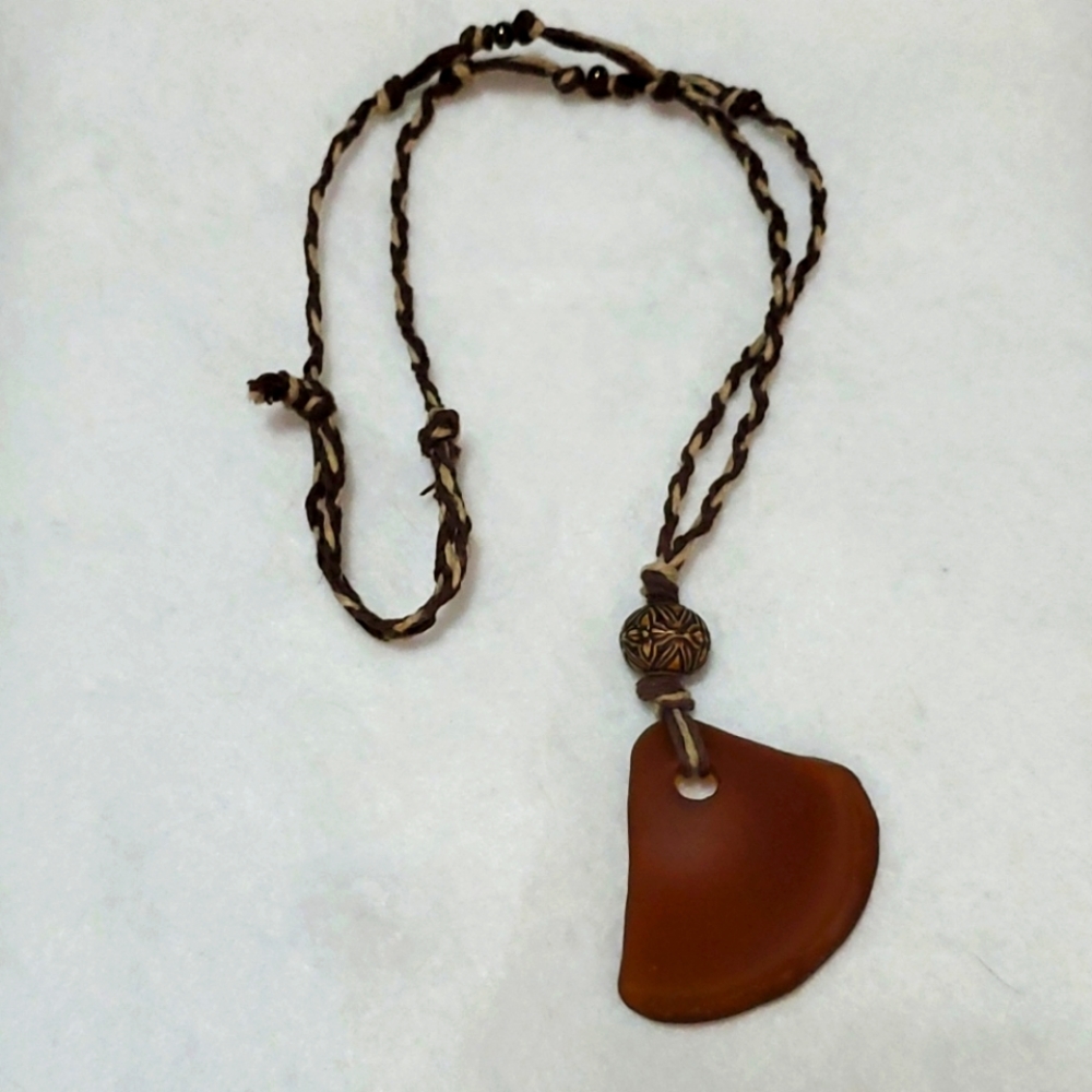 Real Glass Bottle Bottom Brown Tumbled Pendant Necklace Adjustable Necklace